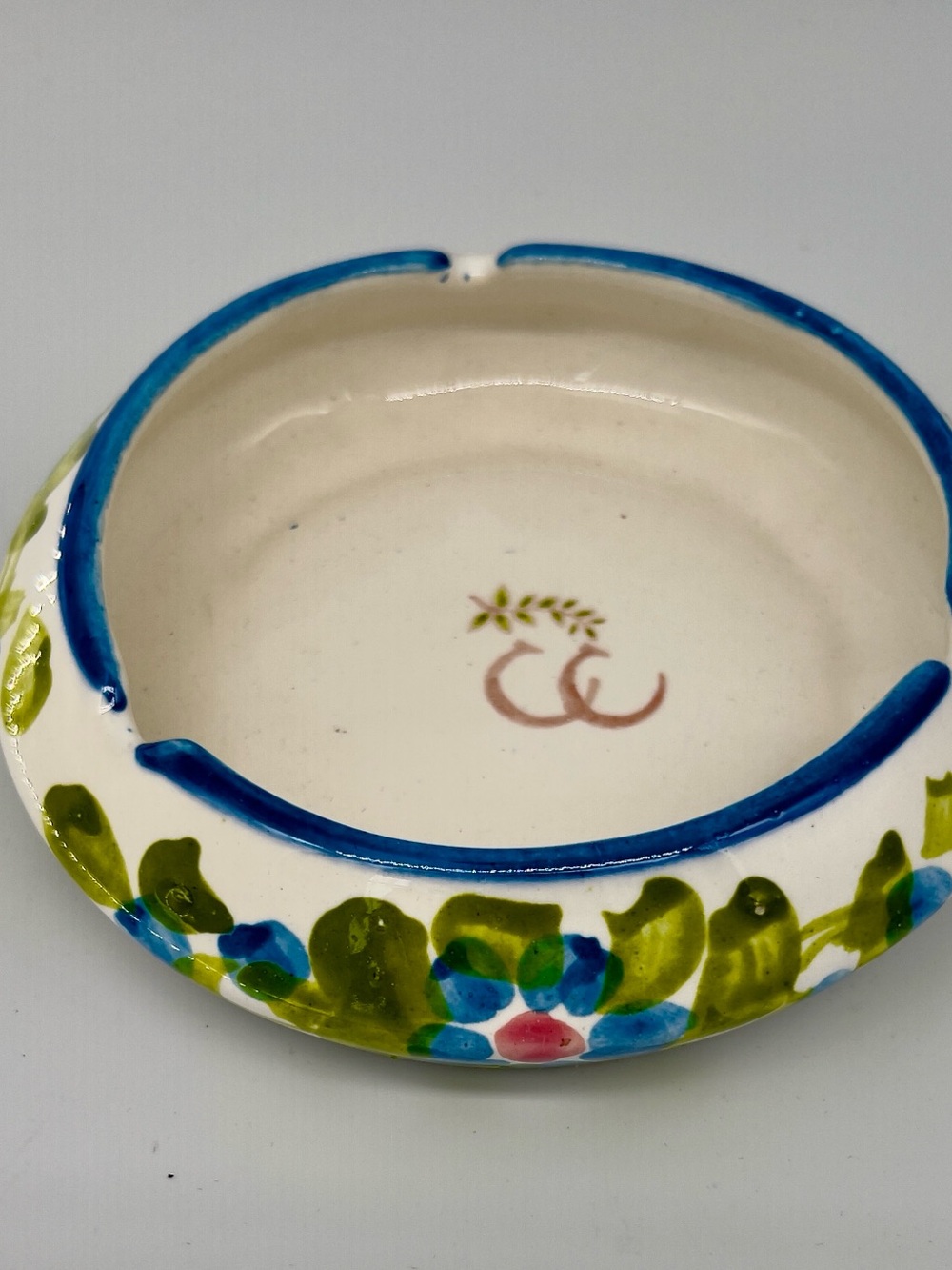 Hand-Painted vintage Ceramic Ashtray with Blue and Green Floral Accent